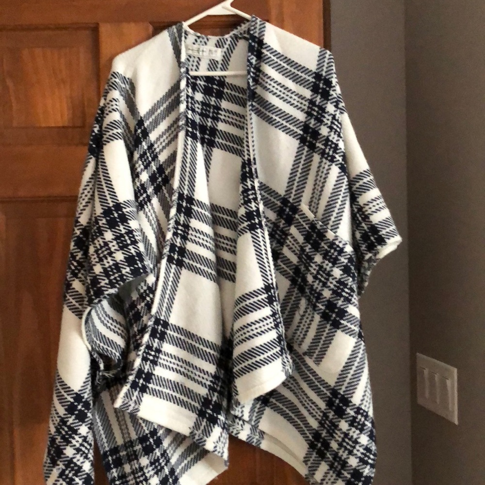 Blue and white open poncho